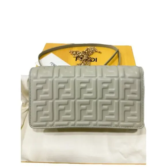 Fendi Wallet on Chain Baguette FF Leather Sage Green Crossbody Shoulder Bag - Picture 3 of 14